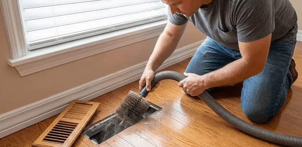 Air duct cleaning technician vacuuming a floor vent and duct opening in San Jose, CA