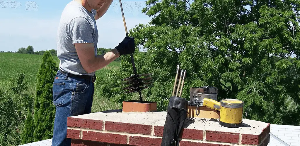 Chimney cleaning technician working on a rooftop chimney with professional tools in San Jose, CA
