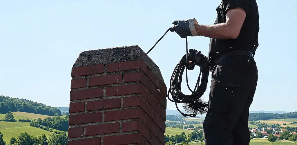 Chimney sweep inspecting and cleaning a rooftop chimney in San Jose, CA