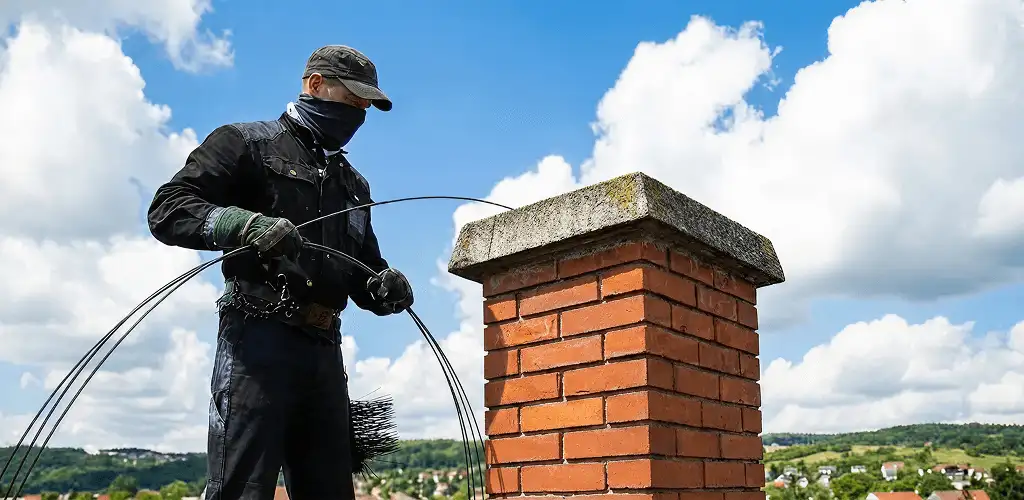 Chimney sweep cleaning a brick chimney with professional tools in San Jose, CA