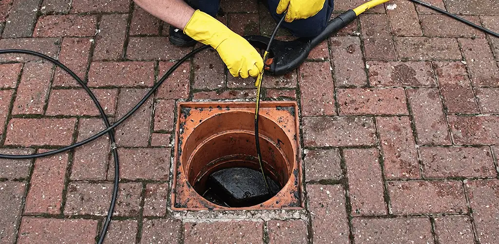 Drain cleaning technician using a drain snake to clear a clogged drain in San Jose, CA