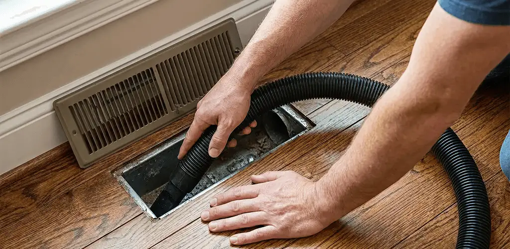 Air duct cleaning technician vacuuming a floor register and duct opening in San Jose, CA