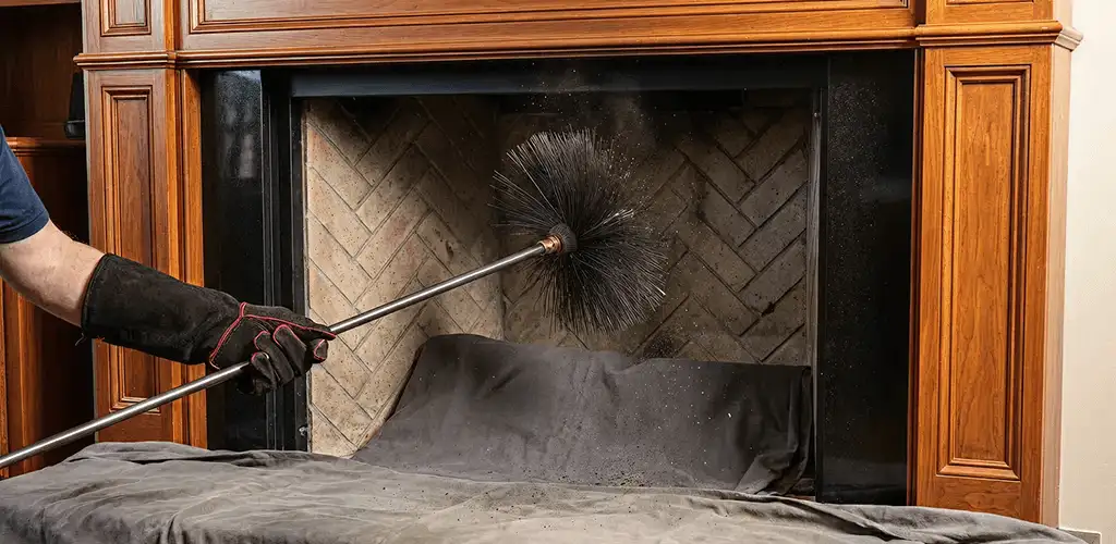 Chimney cleaning service brushing soot from a fireplace and flue in San Jose, CA