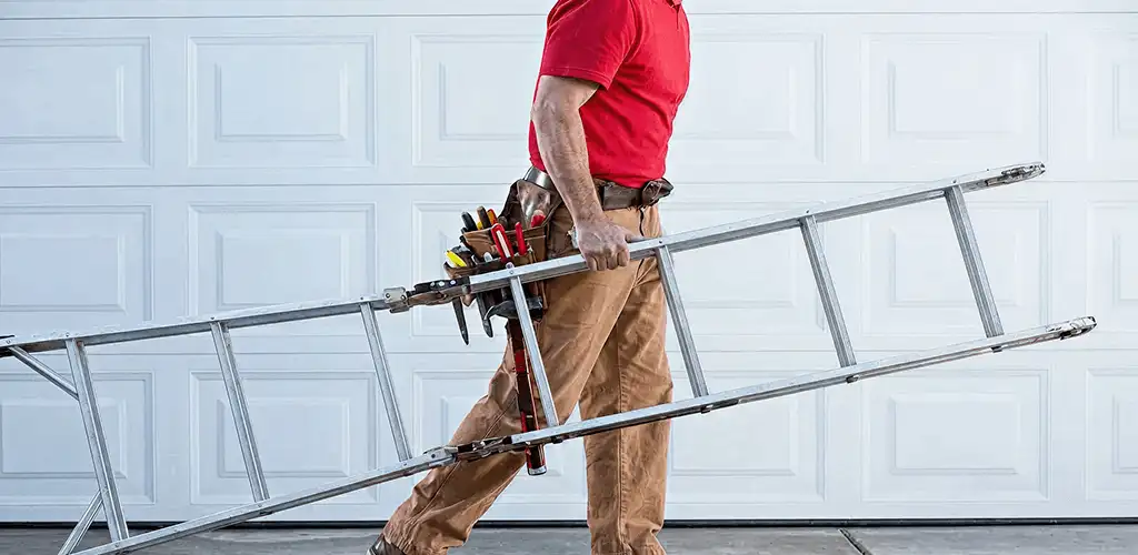 Garage door repair technician arriving with tools and ladder in San Jose, CA