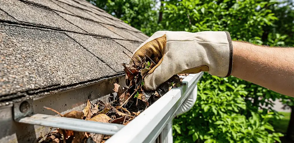 Gutter cleaning removing leaves and debris from roof gutters in San Jose, CA