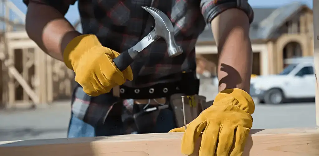 Handyman fixing wood trim with a hammer for home repairs in San Jose, CA