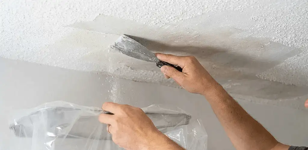 Popcorn ceiling removal technician scraping texture from a ceiling in San Jose, CA