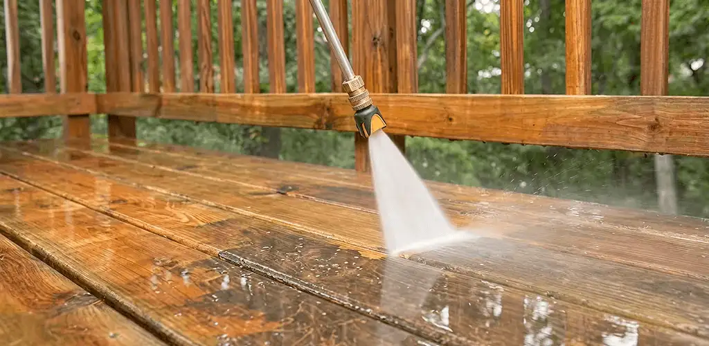 Pressure washing a wood deck to remove dirt and buildup in San Jose, CA