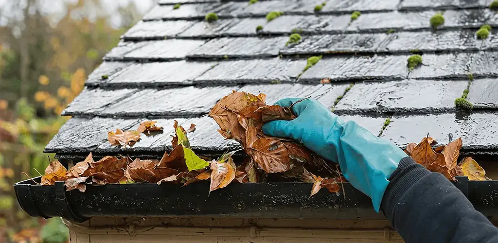 Gutter cleaning technician clearing wet leaves from roof gutters in San Jose, CA