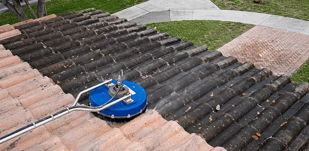 Roof pressure cleaning removing debris and buildup from roof tiles in San Jose, CA