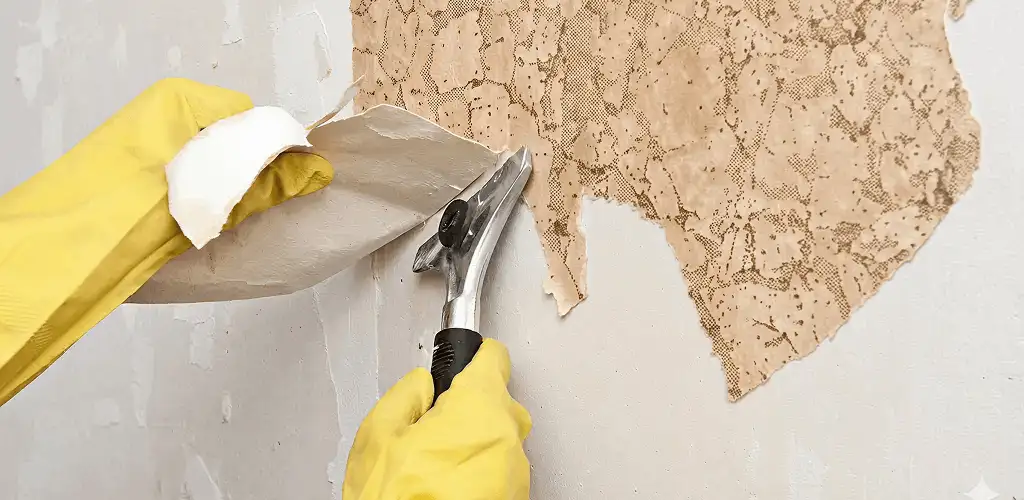 Wallpaper removal service stripping old wallpaper from a wall in San Jose, CA