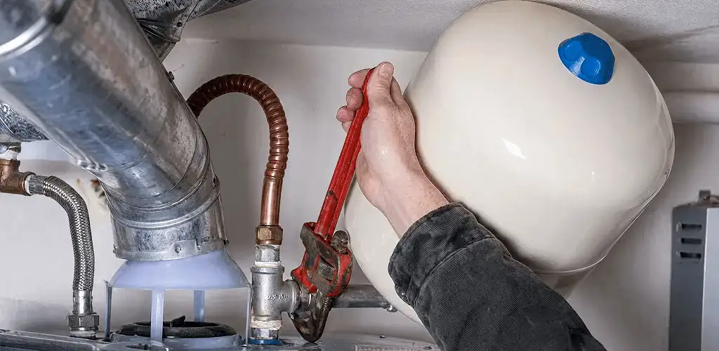 Water heater repair technician tightening plumbing connections near a tank unit in San Jose, CA
